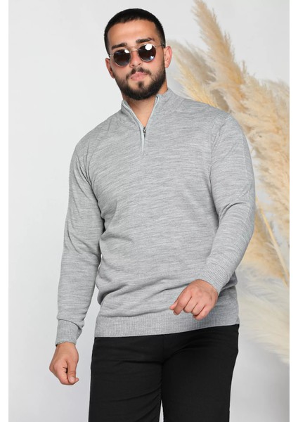 Erkek Ön Fermuar Detaylı Triko Kazak
