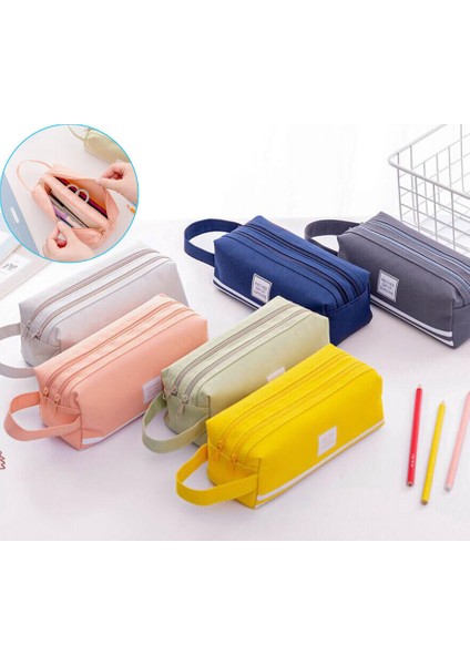 Mavi Geniş Kapasiteli Çift Fermuarlı Kumaş Kalem Kutusu Okul ve Kolej Makyaj Çantası (Yurt Dışından) fiyatları