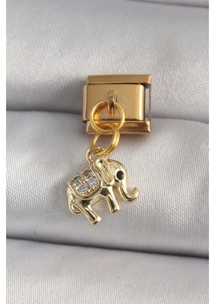316L Çelik Gold Renk Sallantı Zirkon Taşlı Fil Model Nomination Charm
