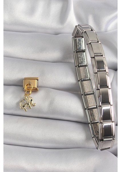 316L Çelik Gold Renk Sallantı Zirkon Taşlı Fil Model Nomination Charm