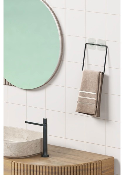 Yapışkanlı Havluluk Siyah Havlu Askısı Metal Havlu Tutacağı Banyo Mutfak Havluluğu Minimal Tasarım