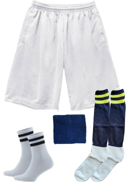 Sarı Lacivert Çocuk ve Genç Futbolcu Şortu, Çorap ve Bileklik Seti