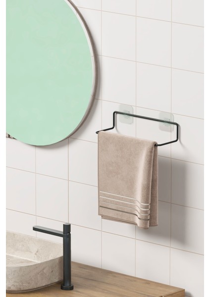 Yapışkanlı Havluluk Siyah Havlu Askısı Metal Havlu Tutacağı Banyo Mutfak Havluluğu Minimal Tasarım