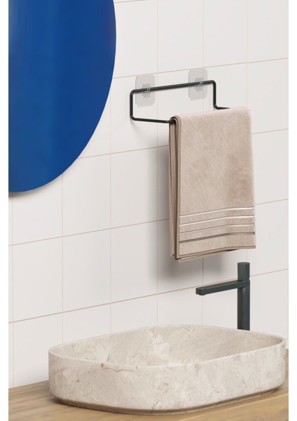 Yapışkanlı Havluluk Siyah Havlu Askısı Metal Havlu Tutacağı Banyo Mutfak Havluluğu Minimal Tasarım