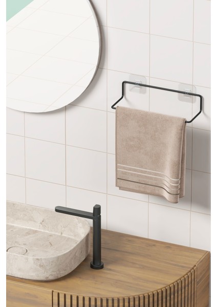 Yapışkanlı Havluluk Siyah Havlu Askısı Metal Havlu Tutacağı Banyo Mutfak Havluluğu Minimal Tasarım