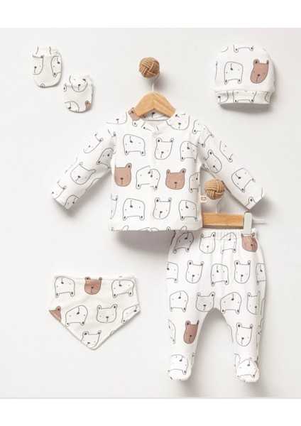 0 Pamuklu Yeni Doğan Ayı Desenli 5li Set - Beyaz