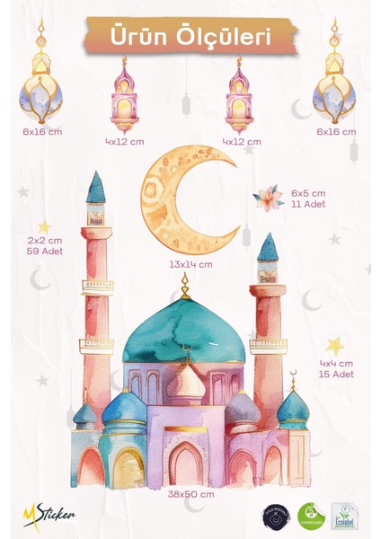 Ramazanı Şerif Sticker Seti Soft Pastel Renklerde Ramazan Süsü Sticker, Çocuklar Için Ramazan Seti