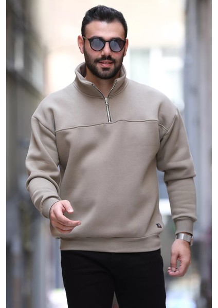 Dik Yaka Yarım Fermuarlı Üç Iplik Şardonlu Erkek Sweatshirt