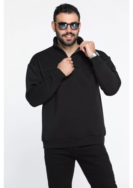 Dik Yaka Yarım Fermuarlı Üç Iplik Şardonlu Erkek Sweatshirt
