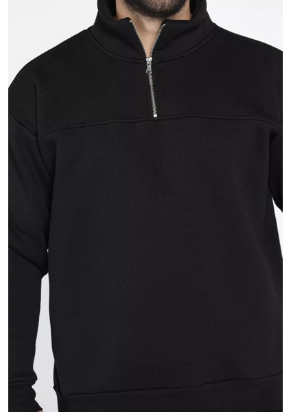 Dik Yaka Yarım Fermuarlı Üç Iplik Şardonlu Erkek Sweatshirt modelleri