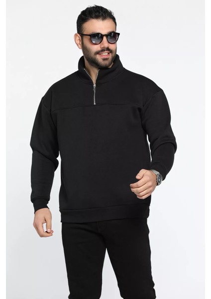 Dik Yaka Yarım Fermuarlı Üç Iplik Şardonlu Erkek Sweatshirt fırsatları
