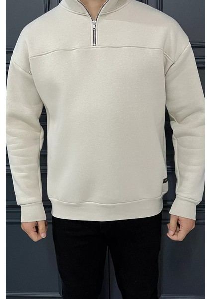 Dik Yaka Yarım Fermuarlı Üç Iplik Şardonlu Erkek Sweatshirt modelleri