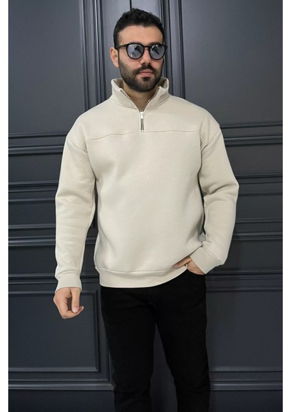 Dik Yaka Yarım Fermuarlı Üç Iplik Şardonlu Erkek Sweatshirt fırsatları