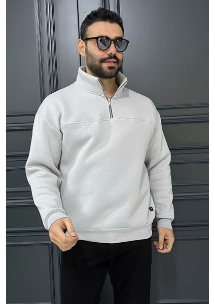 Dik Yaka Yarım Fermuarlı Üç Iplik Şardonlu Erkek Sweatshirt