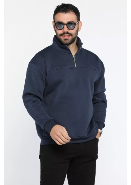 Dik Yaka Yarım Fermuarlı Üç Iplik Şardonlu Erkek Sweatshirt