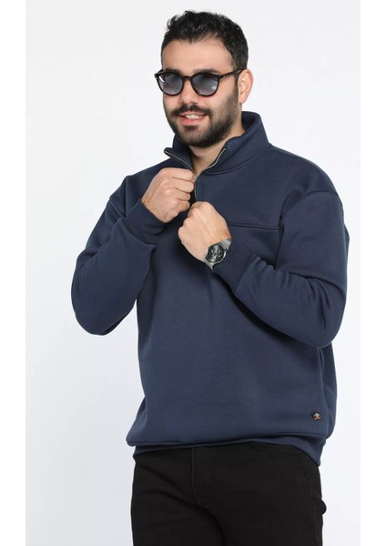 Dik Yaka Yarım Fermuarlı Üç Iplik Şardonlu Erkek Sweatshirt