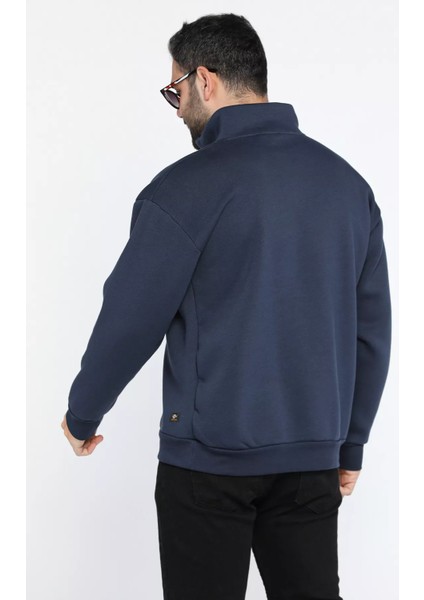 Dik Yaka Yarım Fermuarlı Üç Iplik Şardonlu Erkek Sweatshirt