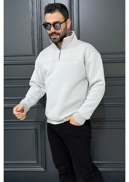 Dik Yaka Yarım Fermuarlı Üç Iplik Şardonlu Erkek Sweatshirt