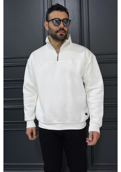 Dik Yaka Yarım Fermuarlı Üç Iplik Şardonlu Erkek Sweatshirt