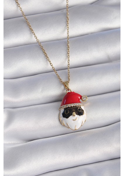 316L Çelik Gold Renk Zincir Zirkon Taşlı Noel Baba Figür Kadın Kolye - TJ-BKO9445