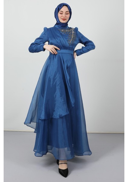Taşlı Organze Abiye Indigo