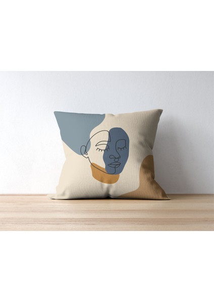 4'lü Set Minimalist Soyut Yüz Çizim Desenli Dijital Baskı Rachel Kumaş 45 x 45 Kırlent Kılıfı