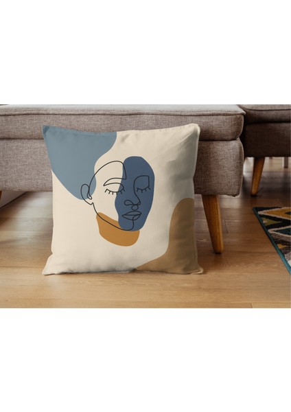 4'lü Set Minimalist Soyut Yüz Çizim Desenli Dijital Baskı Rachel Kumaş 45 x 45 Kırlent Kılıfı