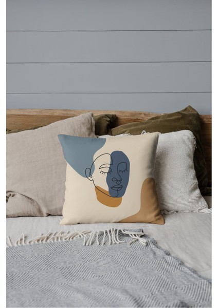 4'lü Set Minimalist Soyut Yüz Çizim Desenli Dijital Baskı Rachel Kumaş 45 x 45 Kırlent Kılıfı