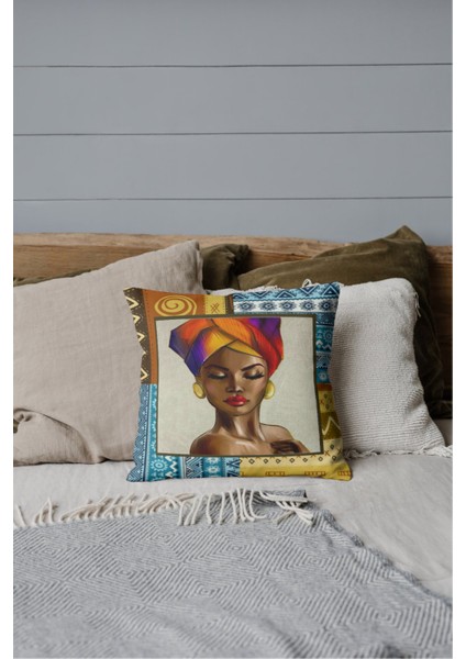 Afrikan Kadın Portre 3 Turuncu Tekli Kırlent Kılıfı