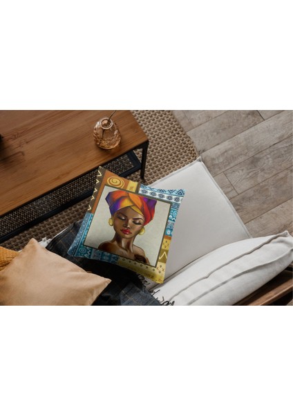 Afrikan Kadın Portre 3 Turuncu Tekli Kırlent Kılıfı modelleri