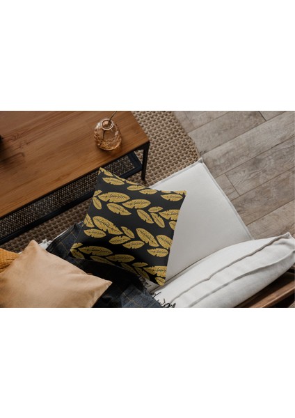4'lü Set Siyah Zemin Sarı Yaprak Desenli Dijital Baskı Rachel Kumaş 45 x 45 Kırlent Kılıfı