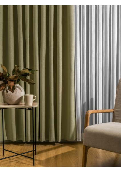 Sık Pileli Haki Flex Keten Kumaştan Fon Perde 1x3 V18528 Tek Kanat