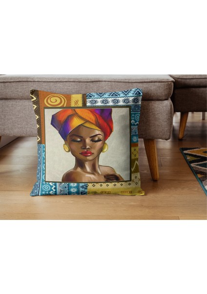 Afrikan Kadın Portre 3 Turuncu Tekli Kırlent Kılıfı fırsatları