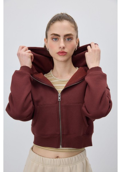 Kadın Çikolata Kapüşonlu Şardonlu Crop Sweatshirt