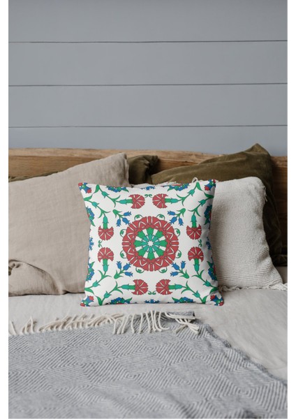 Geleneksel Osmanlı Çini Mavi Kırmızı Yeşil Tekli Kırlent Kılıfı