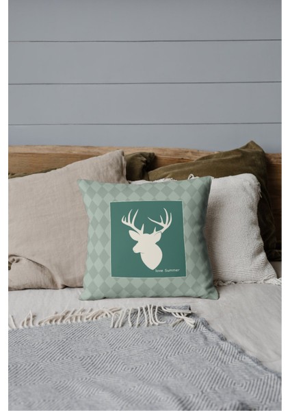 Athıra Kareli Su Grisi Geyik Desenli Dijital Baskı Rachel Kumaş 45 x 45 Kırlent Kılıfı 1 Adet