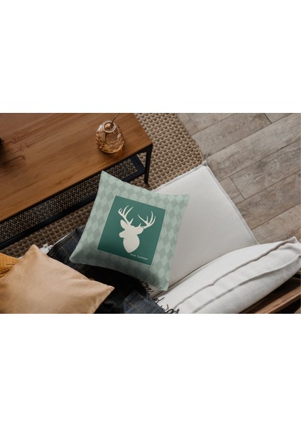 Athıra Kareli Su Grisi Geyik Desenli Dijital Baskı Rachel Kumaş 45 x 45 Kırlent Kılıfı 1 Adet