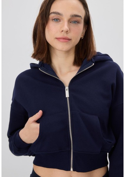 Kadın Lacivert Kapüşonlu Şardonlu Crop Sweatshirt Hırka
