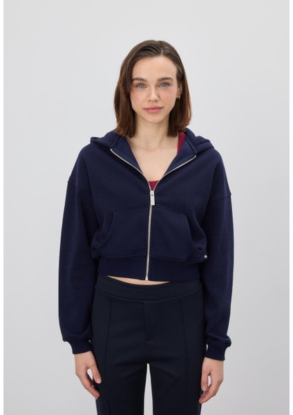 Kadın Lacivert Kapüşonlu Şardonlu Crop Sweatshirt Hırka fiyatları