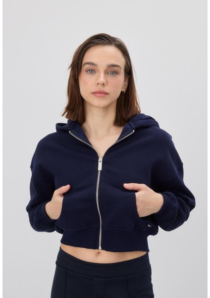 Kadın Lacivert Kapüşonlu Şardonlu Crop Sweatshirt Hırka modelleri