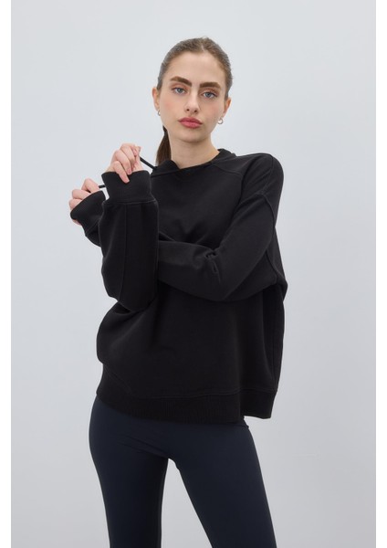 Kadın Siyah Kordon Detaylı Sweatshirt