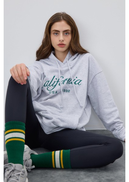 Kadın Kar Melanj Baskılı Kapüşonlu Oversize Sweatshirt