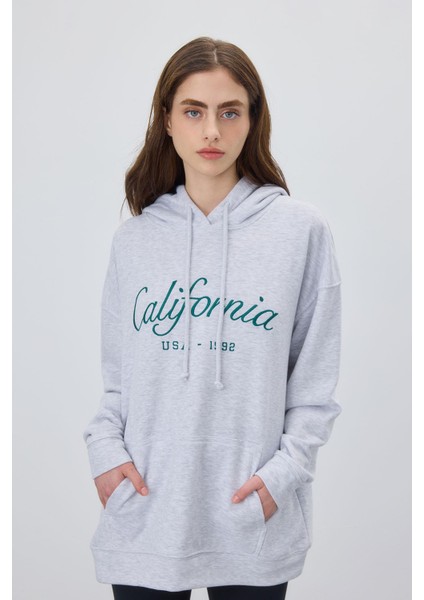 Kadın Kar Melanj Baskılı Kapüşonlu Oversize Sweatshirt