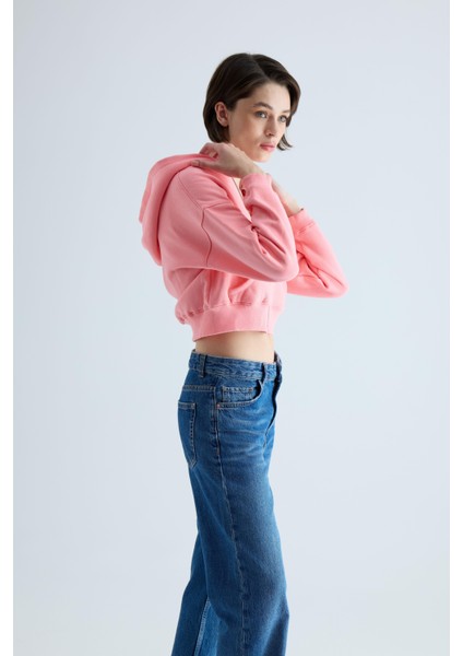 Kadın Pembe Kapüşonlu Şardonlu Crop Sweatshirt