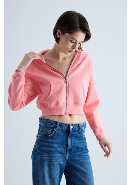 Kadın Pembe Kapüşonlu Şardonlu Crop Sweatshirt