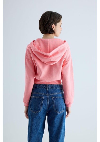 Kadın Pembe Kapüşonlu Şardonlu Crop Sweatshirt