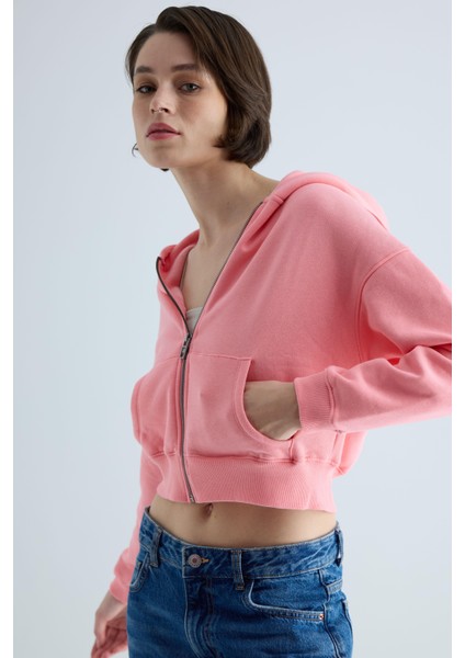 Kadın Pembe Kapüşonlu Şardonlu Crop Sweatshirt