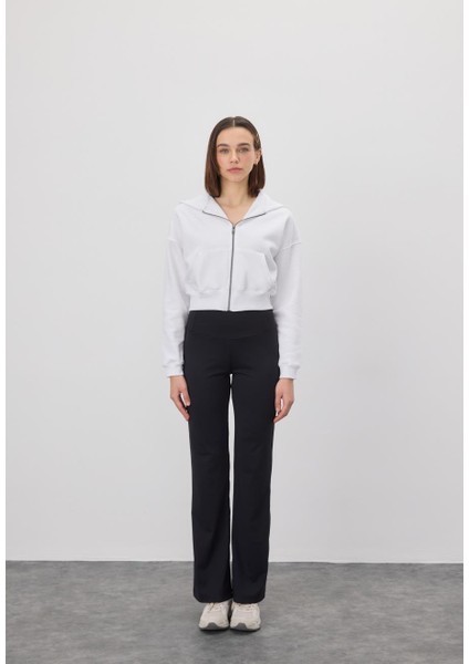 Kadın Beyaz Kapüşonlu Şardonlu Crop Sweatshirt