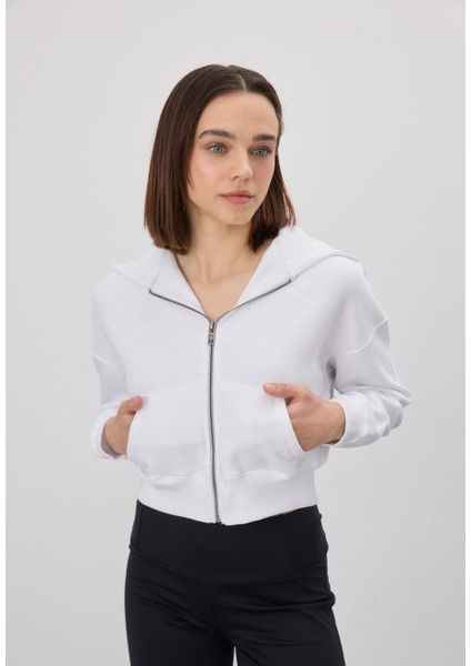 Kadın Beyaz Kapüşonlu Şardonlu Crop Sweatshirt modelleri