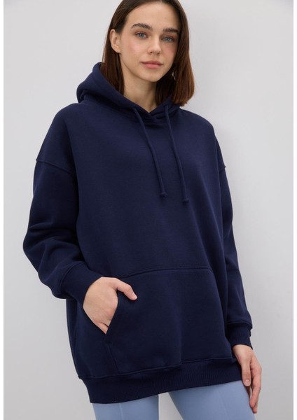 Kadın Oversize Navy Kapüşonlu Sweatshirt